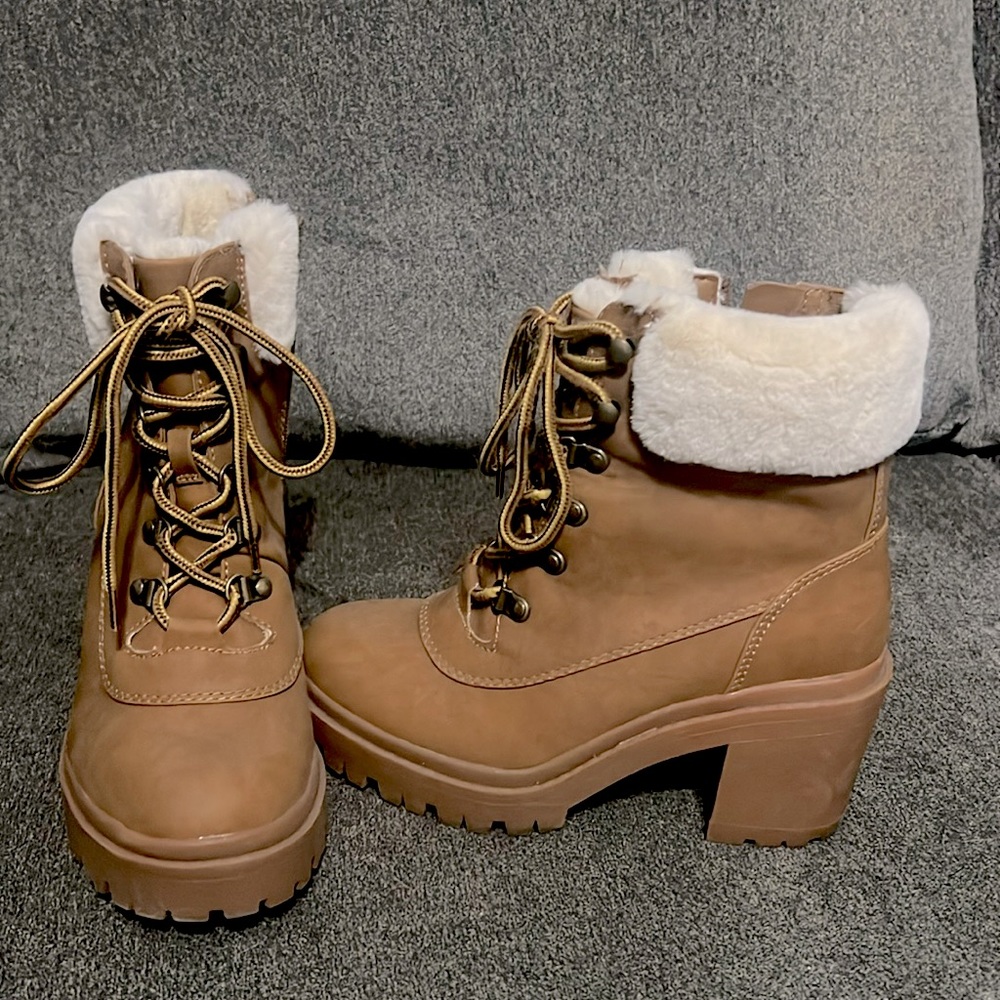 Torrid Brown Heeled Fur Hiker Boots